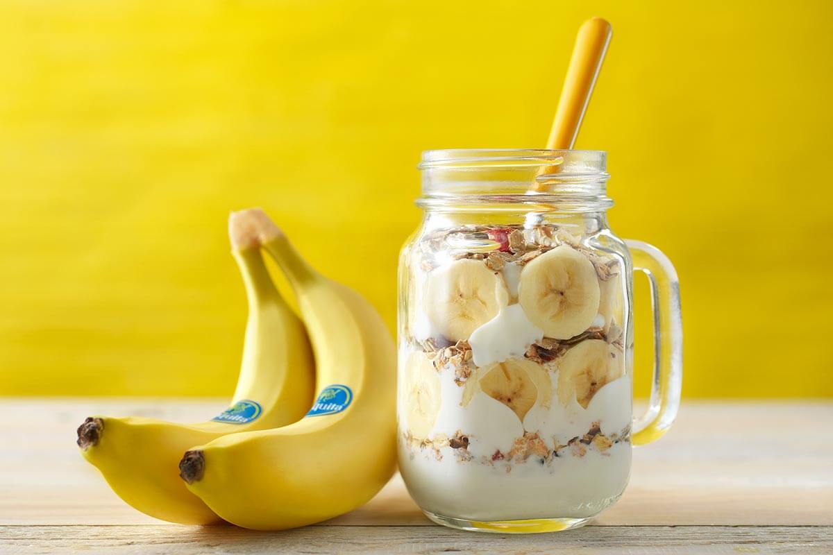 Banana granola breakfast in a jar