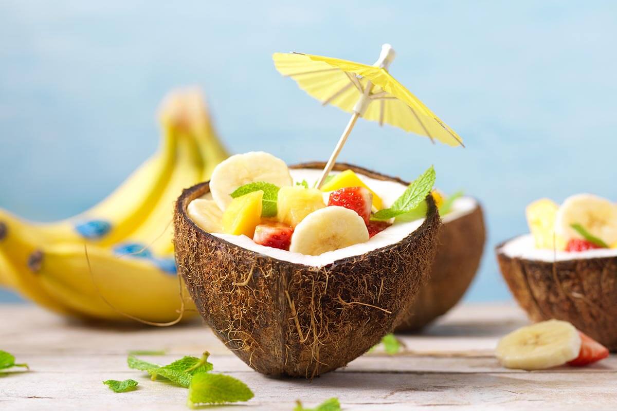 Fruit salad in coconut bowls