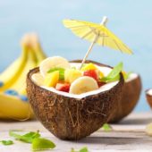 Fruit salad in coconut bowls